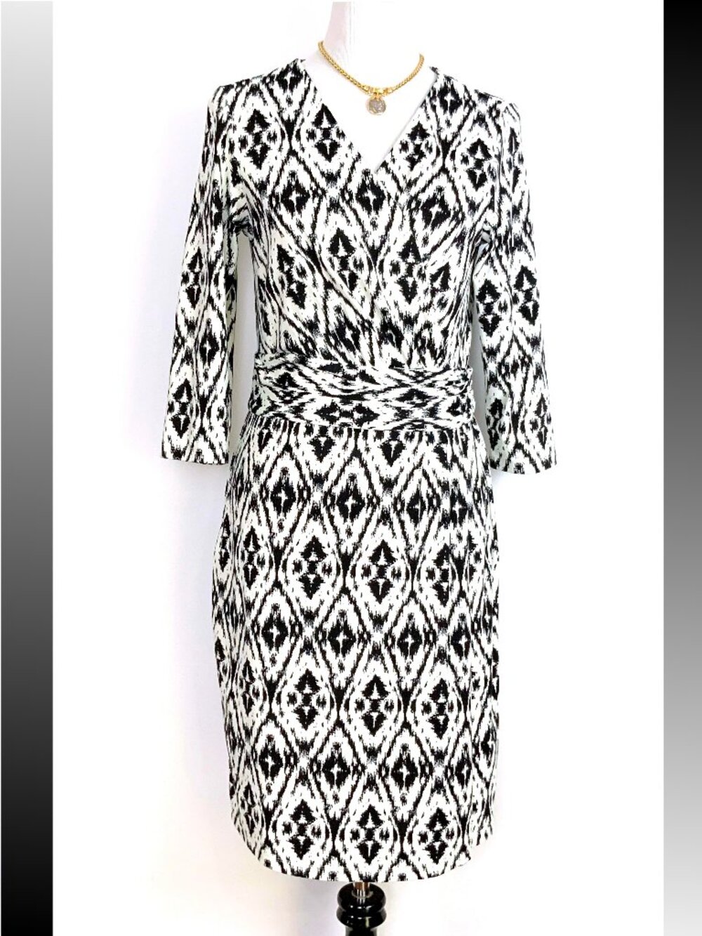 J. McLaughlin Faux Wrap Catalina Cloth White/Black 3/4 Sleeves Dress Sz M